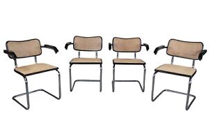 4 Italian Marcel Breuer Knoll Cesca Tubular Chrome Caned Dining Arm Chairs