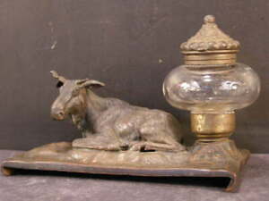 Antique Solid Bronze Moose Inkwell Ink Well Pen Rest Stand Holder Figural Figure