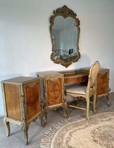 Antique Waterfall Makeup Vanity With Smaller Side Dresser Chair And Mirror 