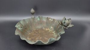 Antique Japanese Bronze Frog On Lotus Lily Pad Vessel Bowl 6 1 2 