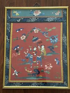 Vintage Chinese Silk Embroidery Textile Framed Under Glass Artwork