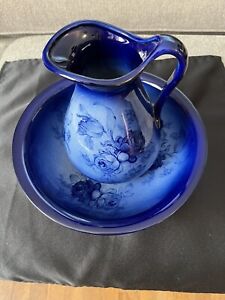 Staffordshire England 8 Pitcher 10 Wash Bowl In Blue Floral Pattern 