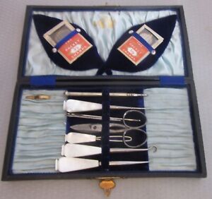 Antique Mother Of Pearl Handle Etui Sewing Needlework Tool Kit Set Box Case Mop