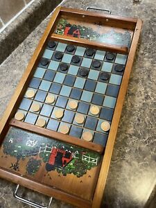 Hand Painted 1984 Folk Art Country Checker Game Board On Wood Tray