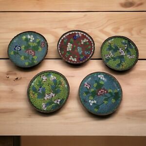 Vintage Chinese Cloisonne Enamel Plate Small Set 5 Pink Blue Yellow Flowers