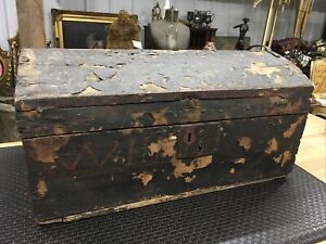 Early Antique Primitive Wooden Domed Trunk Small Paper Covered Wallpaper Lining