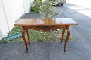 French Country Carved Oak Parquet Top Library Console Long Table 2065