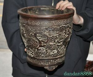 China Yixing Zisha Pottery Carved Dragon Phoenix Turtle Bonsai Potted Flower Pot