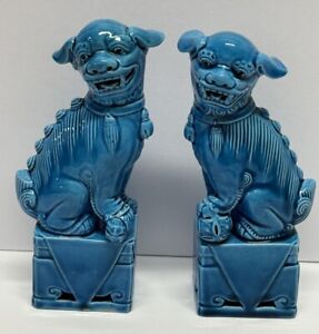 Vtg Chinese Turquoise Blue Fu Foo Lion Dog Guardian Lion Statue Figures 6 