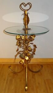 Midcentury Hollywood Regency Italian Gold Tole Roses Glass Top Cocktail Table