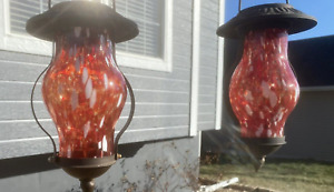 2 Antique Victorian Red Marbled Slag Glass Hanging Lantern Candle Wrought Iron