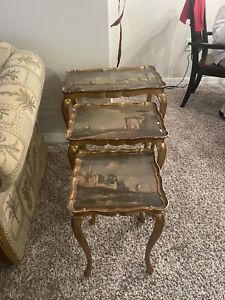 3 Nesting Tables Golden Wood With Italian Painting Xxth