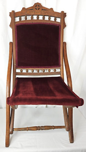 Antique Victorian Eastlake Era Carved Red Velvet Folding Chair Campaign Style