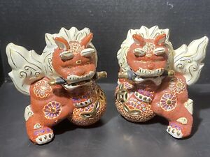 Vintage Japanese Satsuma Porcelain Foo Dogs Vibrant Gold Gilt Pair
