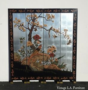 Vintage Chinese Asian Silver Leaf Four Panel Coromandel Screen Flora Crane Bird