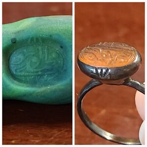 Antique Sterling And Agate Islamic Medieval Ring Seal Very Interesting Sz 8
