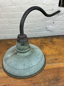 Vintage Benjamin Service Station Factory Green Enamel Shade W Curved Pipe