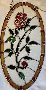 Large Victorian Style Floral Stained Glass Oval Leaded Window Hanging Heavy Guc