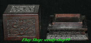6 Old Chinese Dynasty Ebony Wood Carve 5 Dragon Beads Jewelry Box Storage Box