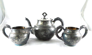 Antique Meriden Silver Plated Ornate Tea Pot Creamer And Sugar Circa 1869 1898