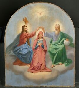 Coronation Of The Virgin Christ Holy Saint Portrait 18thc Antique Oil Painting