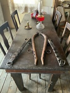 Antique 1800s Farmhouse Wooden Horse Yoke Harness Collar W Leather Iron Brass