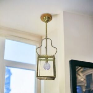 19th Century Victorian Hanging Harp Entryway Brass Ceiling Light Beveled Glass