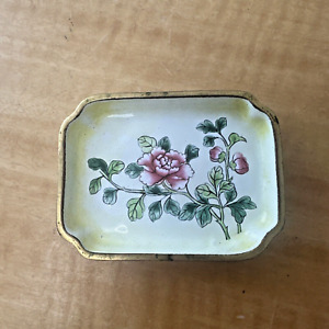 Antique Chinese Canton Enamel On Metal Floral Square Trinket Pin Dish