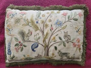 Antique Crewel Embroidered Throw Pillow Decorative Linen 16 12 Early 1900 