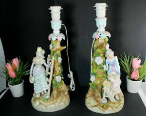 Pair Antique German Porcelain Figurine Table Lamps Romantic