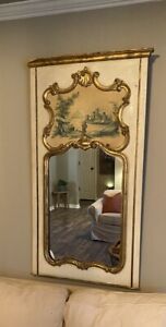 Early 1900s French Painted Trumeau Wall Fireplace Large Mirror Hand Painted Gilt