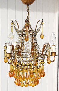 Vintage 1970 Murano Amber Glass Drops Chandelier Lamp