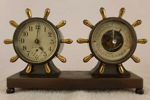 Antique Working Chelsea Bronze Nautical Ship S Wheel Clock Barometer Desk Set