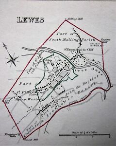 C1835 Sussex Lewes Antique Map Town Plan Creighton Lewis County Town