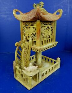 Vintage Chinese Carved Hardstone Phoenix Bird Dragon Pagoda