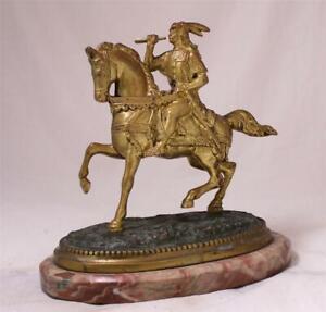 Antique German Bronze Statue Ancient Medieval Warrior On Horse C 1890s