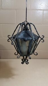 Vintage Antique Wrought Iron Gothic Outdoor Hanging Glass Lamp Light W Glass