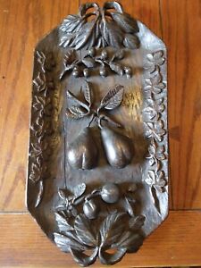 Signed R Laigre 1935 Hand Carved Wood Fruit Tray Wall Plaque Fruit Pears Leaves