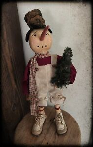 2 Tall Primitive Standing Snowman Doll With Vintage Child Shoes