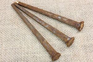 3 Large Old Spikes 4 Barn Nails Rusty Iron Vintage Button Head Crucifixion