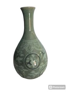 Luyuan Korean Celadon Glazed Pottery Flying Cranes Vase 8 Tall Crazing