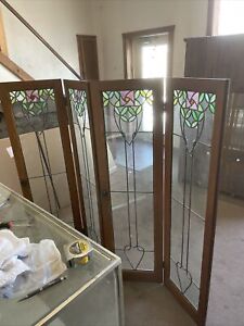 Cr 21 Set Of Four Antique Oak Stained Glass Cabinet Door 16 X 57 5 8