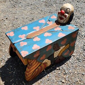 Incredible One Of A Kind Vintage Wooden Folk Art Clown Head Stool With Drawer