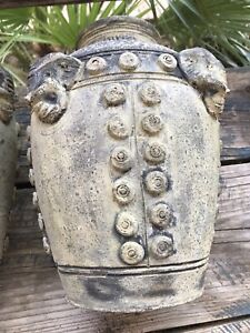 Antique Vintage Asian 11 Tall Thai Rhyton Ceramic Pottery Elephant Vase