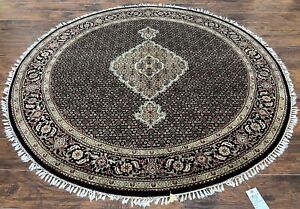 Round Oriental Rug 6 8 X 6 8 Ft Black Beige Vintage Handmade Wool Indian Carpet