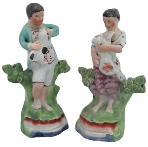 Pair Enamelled Pearlware Sherratt Style Bocage Figurines Shepherds Circa 1820