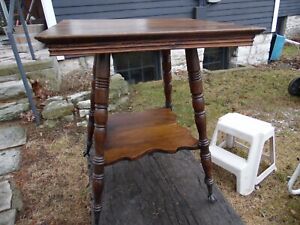 Antique Vintage Oak Parlor Side Table Glass Ball Claw Feet H 29 Top 24 Square