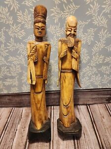 2 Asian Figurines Hand Carved Bovine 12 Tall W Wood Base Great Condition