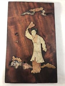 Antique Chinese Inlaid Wooden Panel Maiden Figure Wall Plaque Stone Asian Design