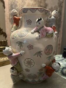 Hand Painted Vintage Chinese Porcelain Fertility Vase With 6 Children